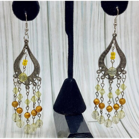 Boho Hippie Statement Earrings 4" Dangle Silver Tone & Beaded Tiny Rose Accents - Picture 4 of 7